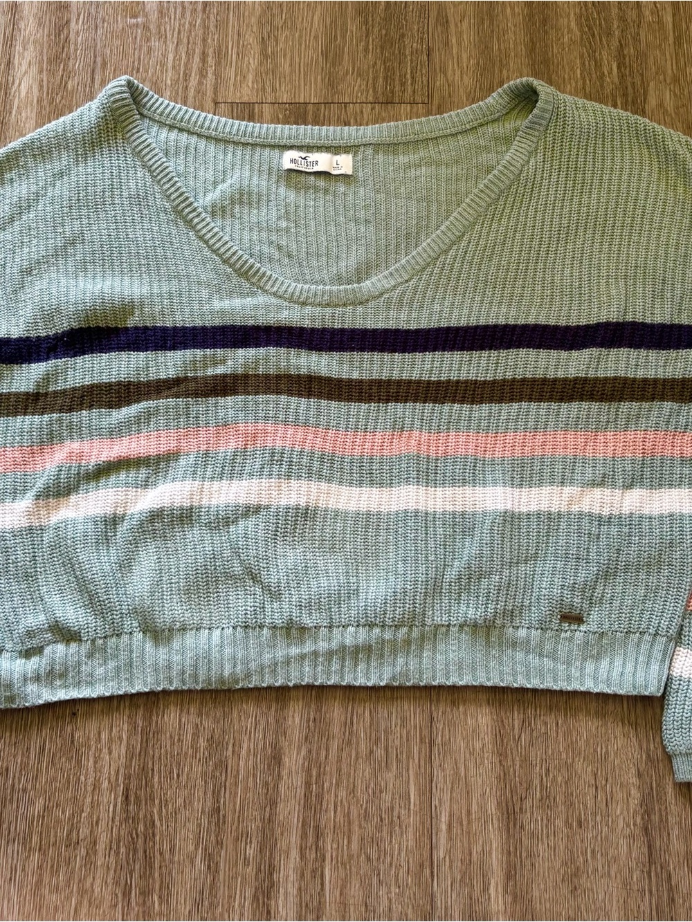 Hollister Blue Crewneck Cropped Sweater with Navy, Brown, Pink & White Stripes